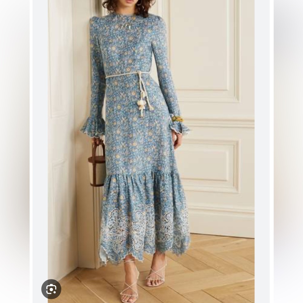 Zimmermann Carnaby Rope Belt Blue Floral Print Linen Midi Dress